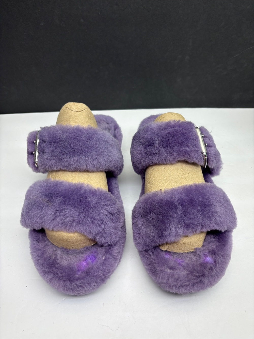 UGG Fuzzy Slide Sandals in Purple, SZ 10, box 80